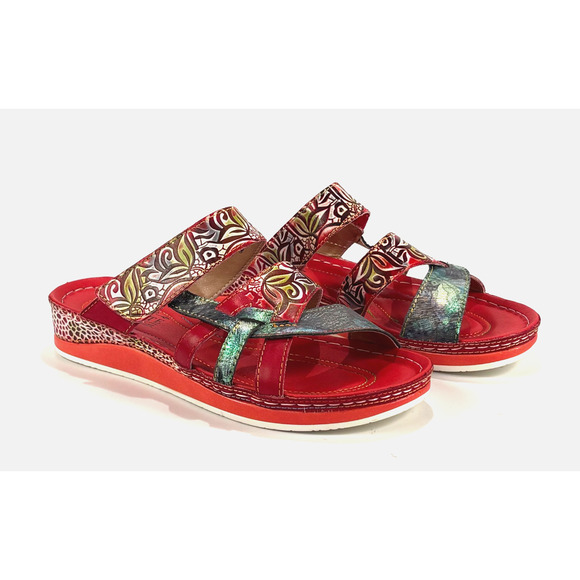 New L'Artiste Spring Step Womens Caiman Leather Wedge Slide Sandals Red 40M 9M - Picture 1 of 13